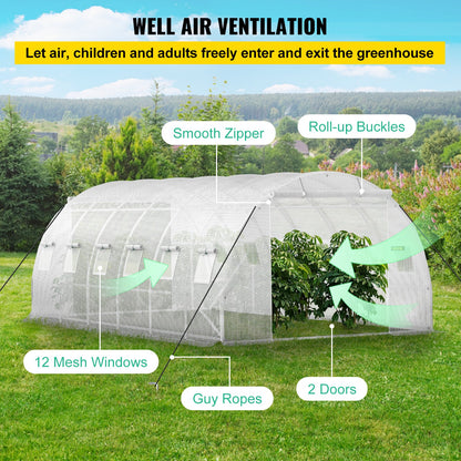 Walk-in Tunnel Greenhouse, 609.6 x 304.8 x 213.4 cm Portable Plant Hot House w/ Galvanized Steel Hoops, 3 Top Beams, 4 Diagonal Poles, 2 Zippered Doors & 12 Roll-up Windows, White