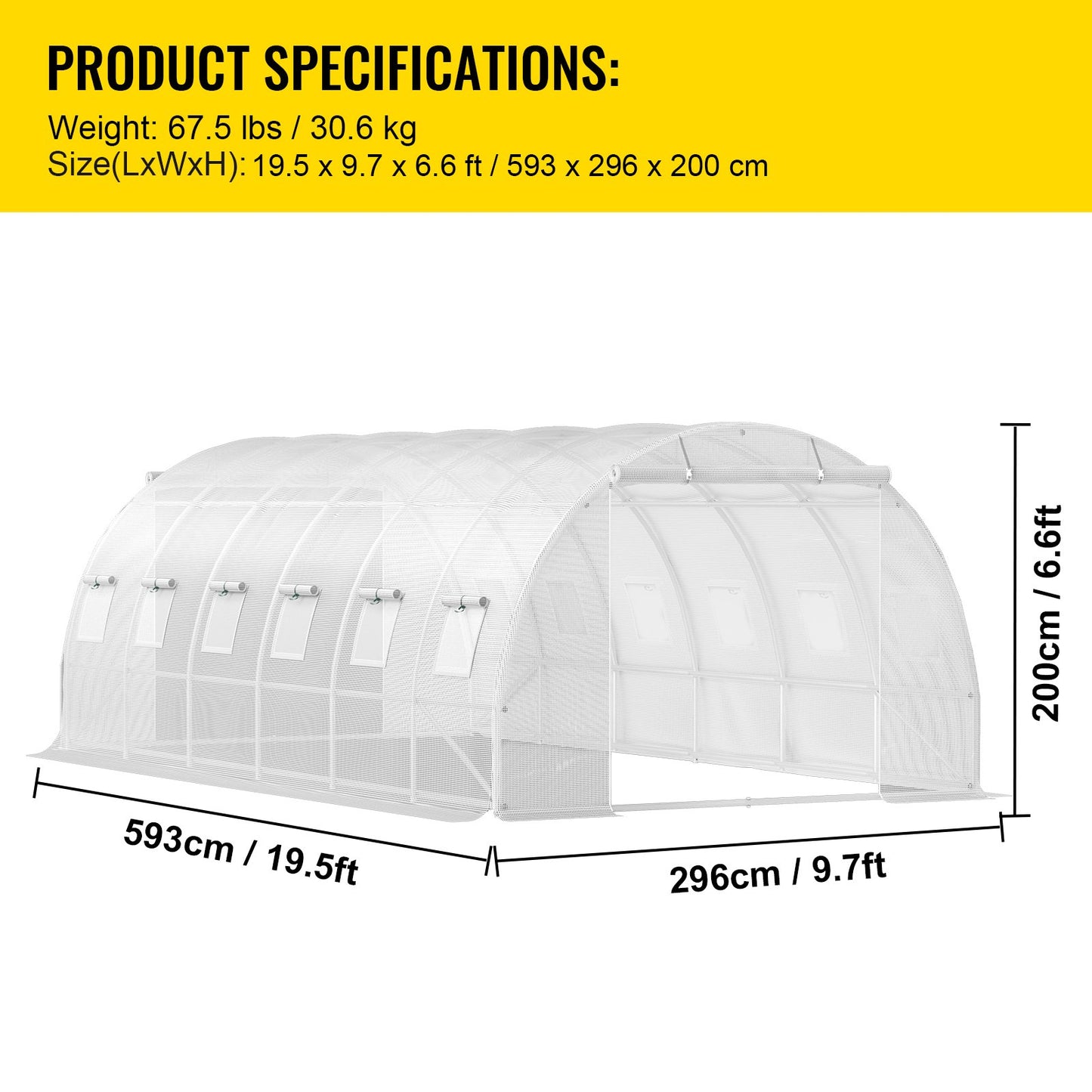 Walk-in Tunnel Greenhouse, 609.6 x 304.8 x 213.4 cm Portable Plant Hot House w/ Galvanized Steel Hoops, 3 Top Beams, 4 Diagonal Poles, 2 Zippered Doors & 12 Roll-up Windows, White