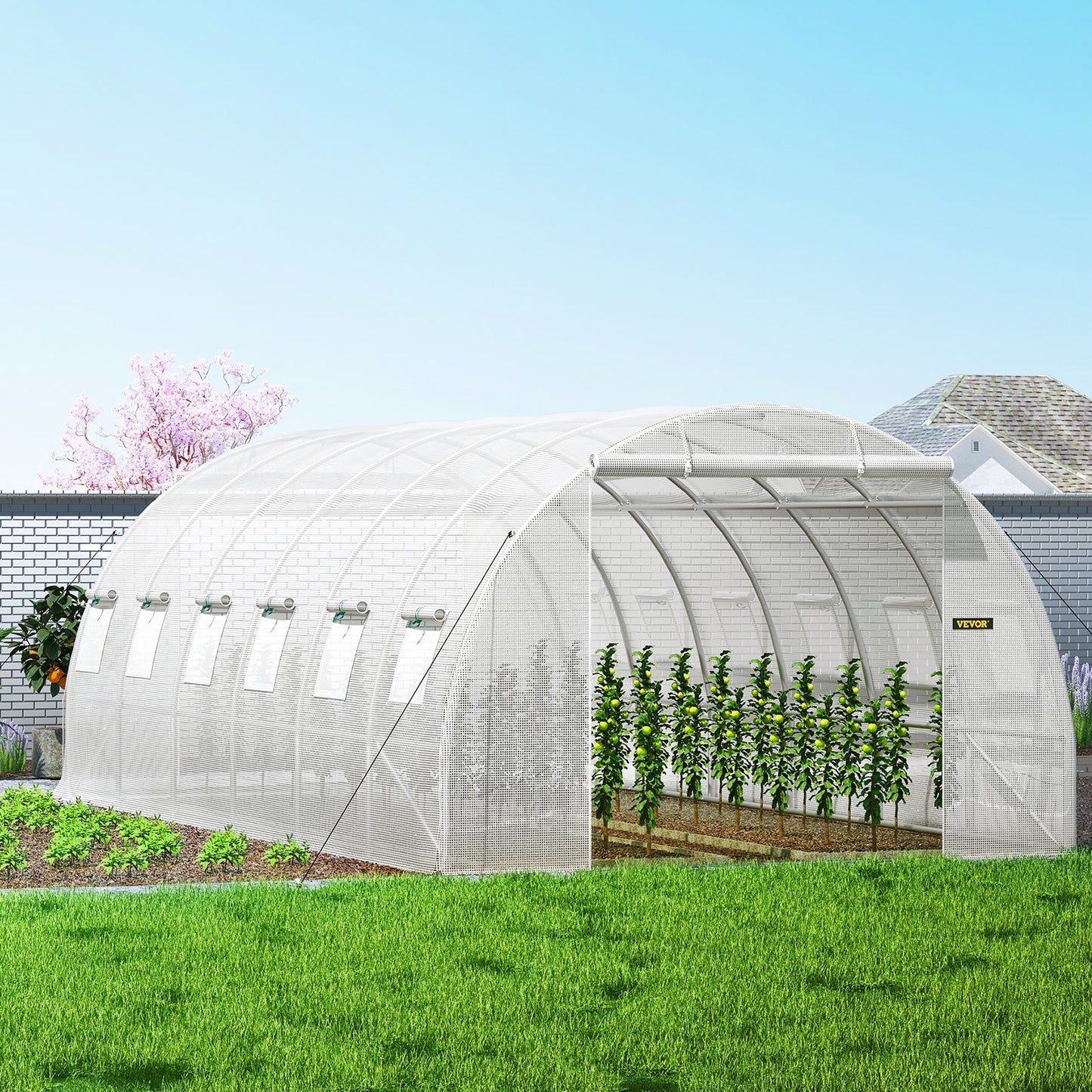 Walk-in Tunnel Greenhouse, 609.6 x 304.8 x 213.4 cm Portable Plant Hot House w/ Galvanized Steel Hoops, 3 Top Beams, 4 Diagonal Poles, 2 Zippered Doors & 12 Roll-up Windows, White
