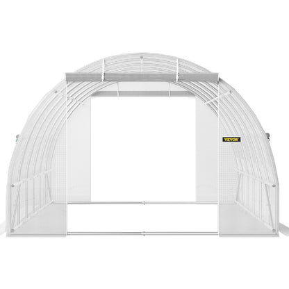 Walk-in Tunnel Greenhouse, 609.6 x 304.8 x 213.4 cm Portable Plant Hot House w/ Galvanized Steel Hoops, 3 Top Beams, 4 Diagonal Poles, 2 Zippered Doors & 12 Roll-up Windows, White