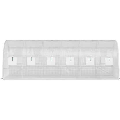 Walk-in Tunnel Greenhouse, 609.6 x 304.8 x 213.4 cm Portable Plant Hot House w/ Galvanized Steel Hoops, 3 Top Beams, 4 Diagonal Poles, 2 Zippered Doors & 12 Roll-up Windows, White