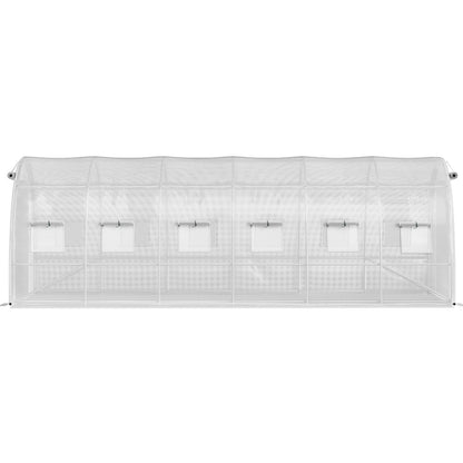 Walk-in Tunnel Greenhouse, 609.6 x 304.8 x 213.4 cm Portable Plant Hot House w/ Galvanized Steel Hoops, 3 Top Beams, 4 Diagonal Poles, 2 Zippered Doors & 12 Roll-up Windows, White