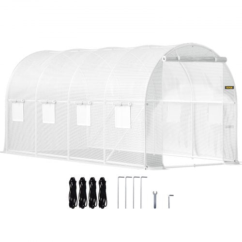 Walk-in Tunnel Greenhouse, 457.2 x 198.12 x 213.4 cm Portable Plant Hot House w/ Galvanized Steel Hoops, 1 Top Beam, 2 x Diagonal Poles, 2 Zippered Doors & 8 Roll-up Windows, White