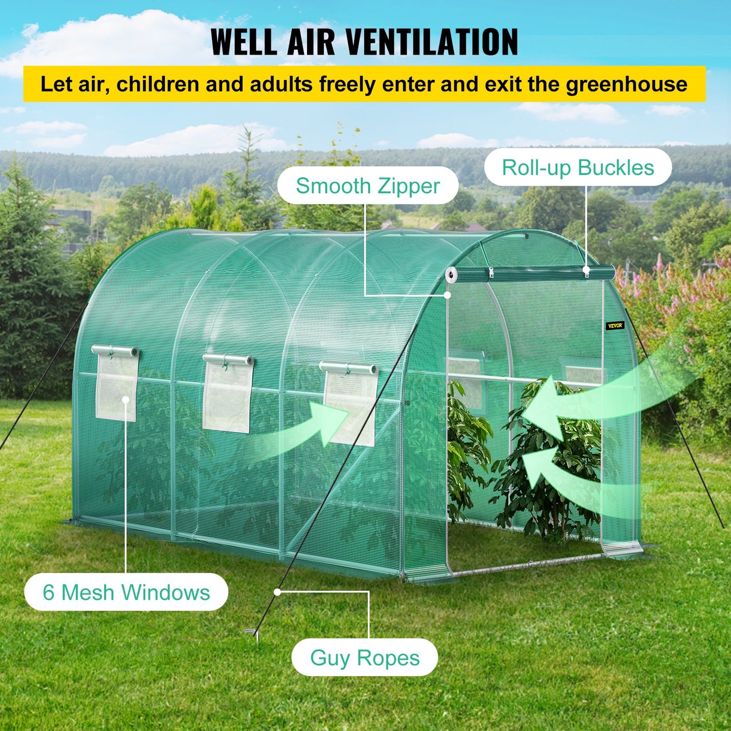 Walk-in Tunnel Greenhouse, 3.6 x 2 x 2 m/ 12 x 7 x 7 ft Portable Plant Hot House w/ Galvanized Steel Hoops, 1 Top Beams, 2 Diagonal Poles, 2 Zippered Doors & 6 Roll-up Windows, Green