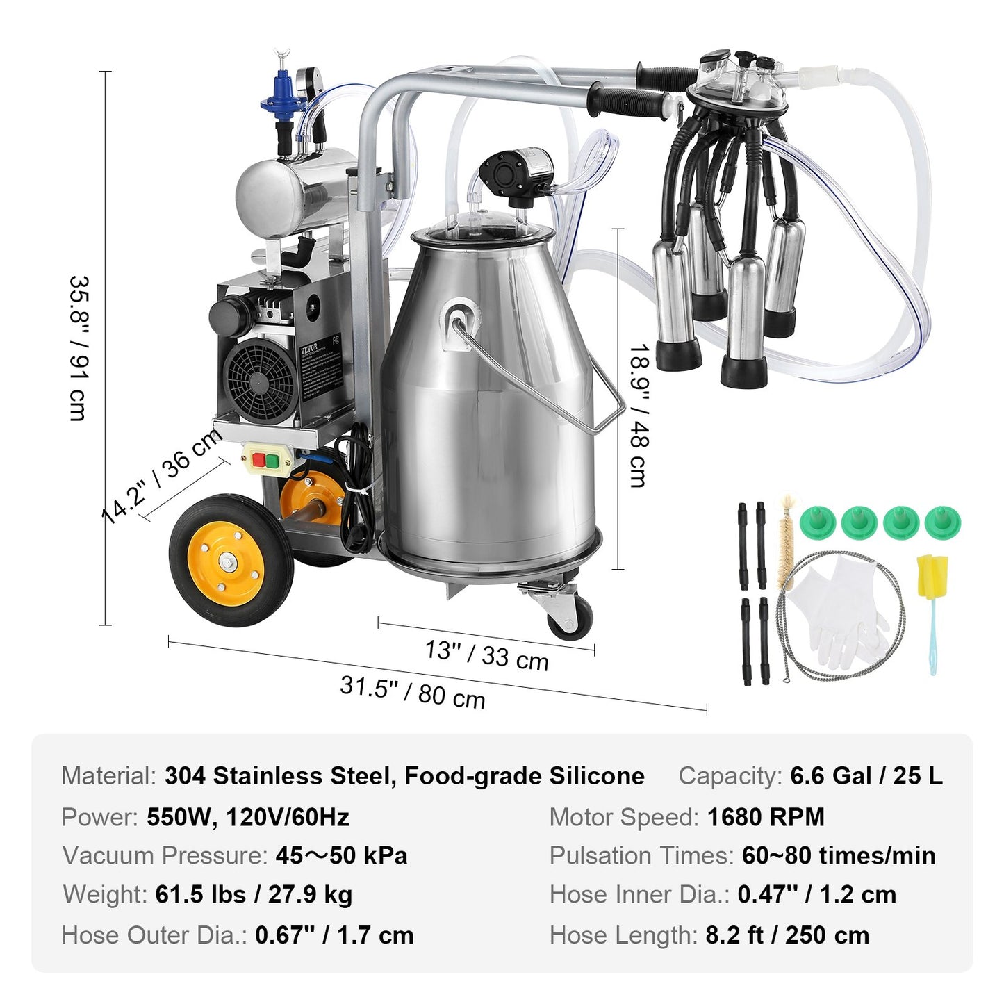 Electric Cow Milking Machine Milking Equipment 25L 304 Stainless Steel