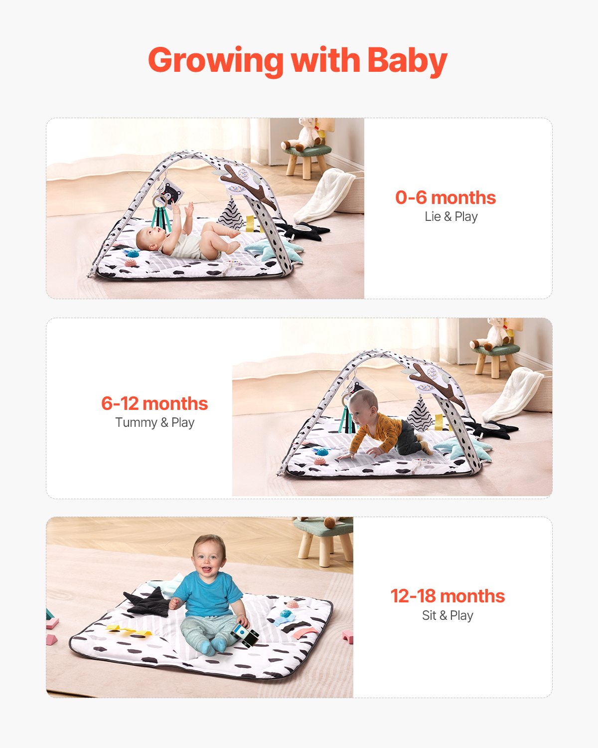 Baby Play Gym Mat, Tummy Time Mat with 6 Sensory Toys, Baby Activity Mat with 2 Touch Balls & Soft Fabric for Sensory & Motor Skill Development, Baby Essential Gift for 0-18 Month Newborn Infant