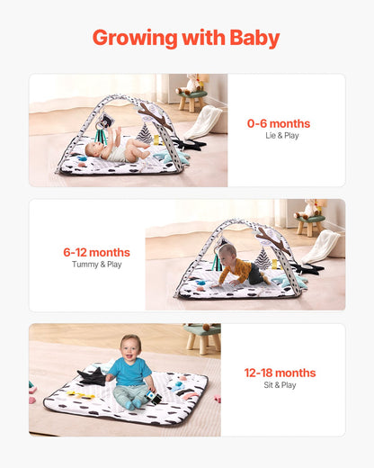 Baby Play Gym Mat, Tummy Time Mat with 6 Sensory Toys, Baby Activity Mat with 2 Touch Balls & Soft Fabric for Sensory & Motor Skill Development, Baby Essential Gift for 0-18 Month Newborn Infant