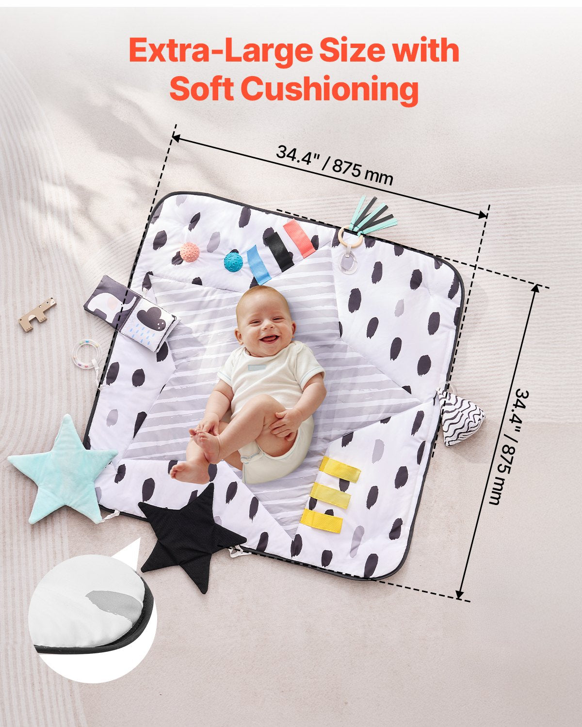 Baby Play Gym Mat, Tummy Time Mat with 6 Sensory Toys, Baby Activity Mat with 2 Touch Balls & Soft Fabric for Sensory & Motor Skill Development, Baby Essential Gift for 0-18 Month Newborn Infant