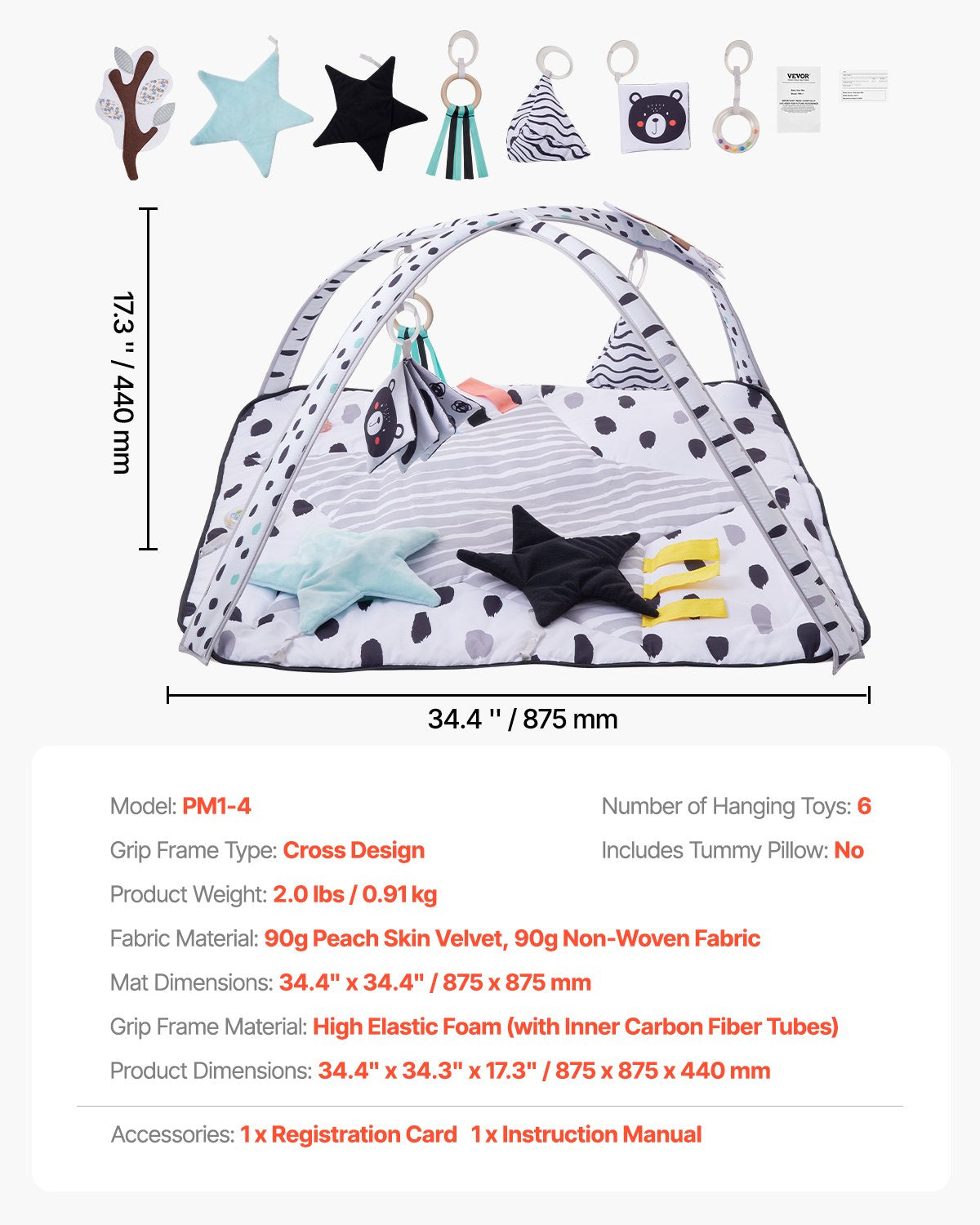 Baby Play Gym Mat, Tummy Time Mat with 6 Sensory Toys, Baby Activity Mat with 2 Touch Balls & Soft Fabric for Sensory & Motor Skill Development, Baby Essential Gift for 0-18 Month Newborn Infant