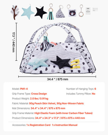 Baby Play Gym Mat, Tummy Time Mat with 6 Sensory Toys, Baby Activity Mat with 2 Touch Balls & Soft Fabric for Sensory & Motor Skill Development, Baby Essential Gift for 0-18 Month Newborn Infant