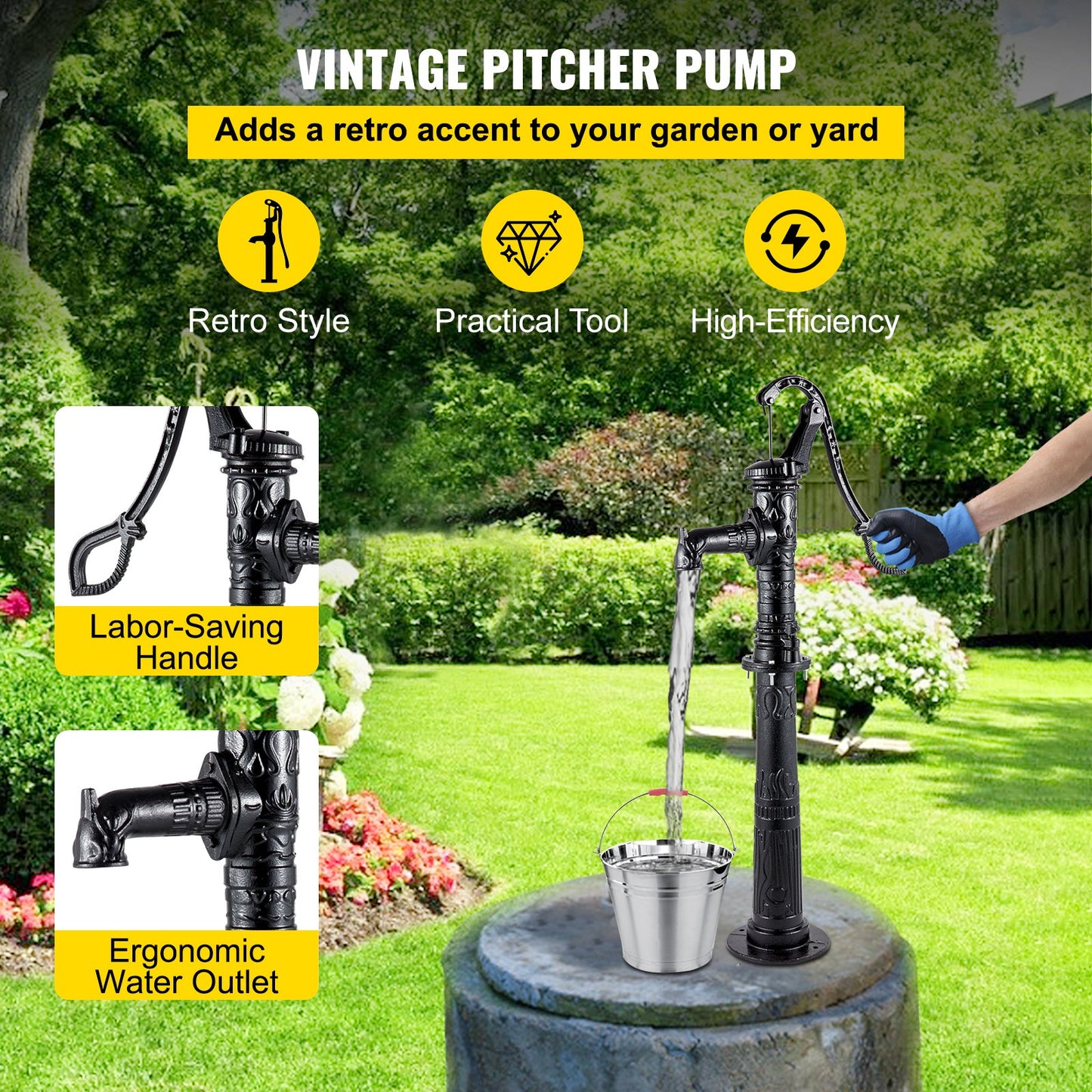 Hand Water Pump with Stand, 40 x 23.9 x 135 cm(15.7 x 9.4 x 53.1 inch) Pitcher Pump & 66 cm(26 inch) Pump Stand with Pre-set 12.7 mm(1/2") Holes for Easy Installation, Rustic Cast Iron Well Pump for Yard, Garden, Farm Irrigation,Black