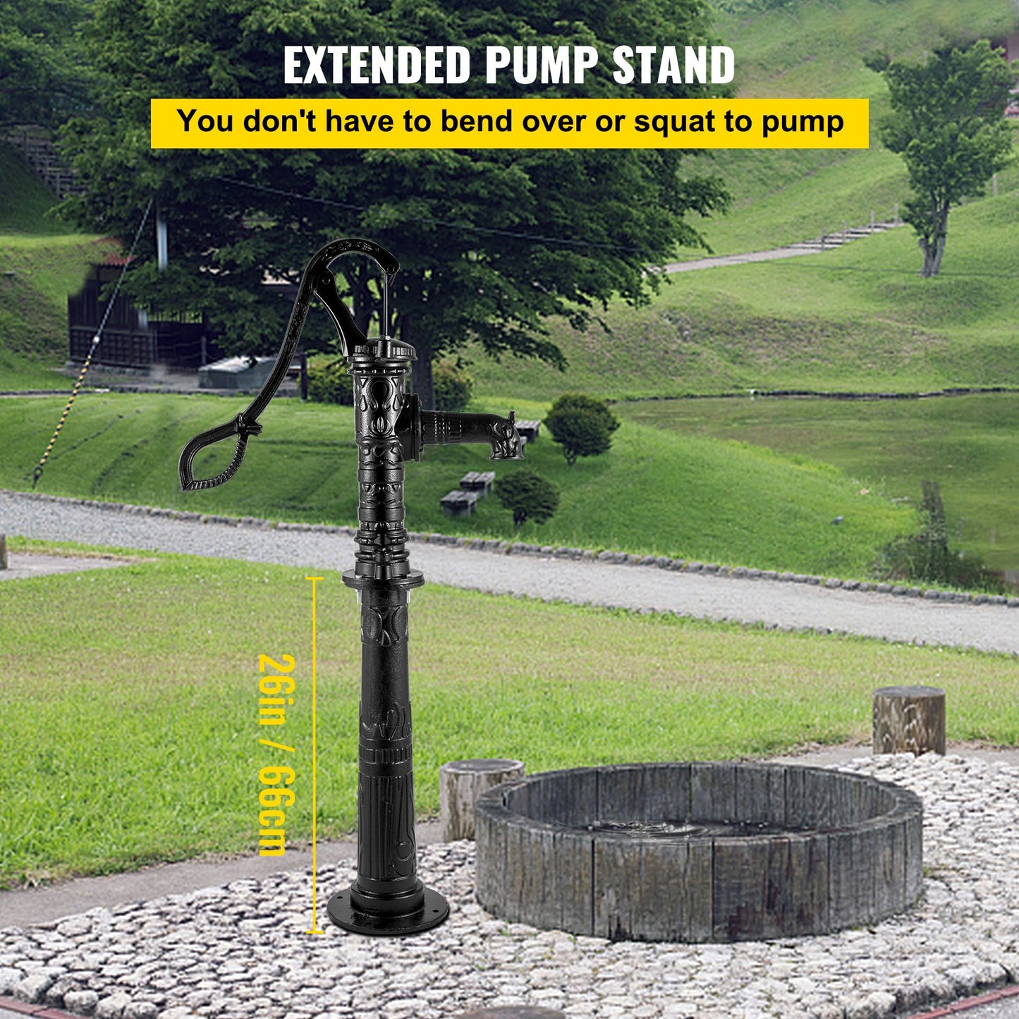 Hand Water Pump with Stand, 40 x 23.9 x 135 cm(15.7 x 9.4 x 53.1 inch) Pitcher Pump & 66 cm(26 inch) Pump Stand with Pre-set 12.7 mm(1/2") Holes for Easy Installation, Rustic Cast Iron Well Pump for Yard, Garden, Farm Irrigation,Black
