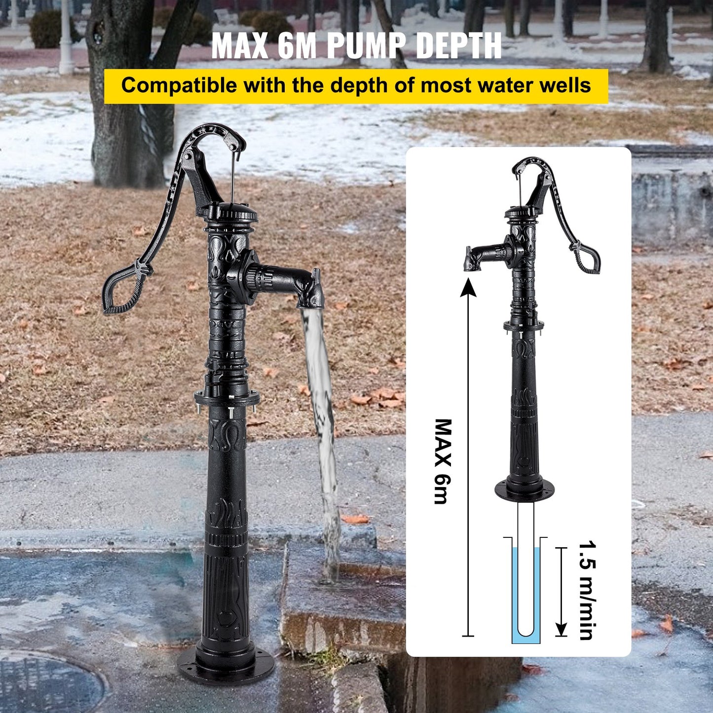 Hand Water Pump with Stand, 40 x 23.9 x 135 cm(15.7 x 9.4 x 53.1 inch) Pitcher Pump & 66 cm(26 inch) Pump Stand with Pre-set 12.7 mm(1/2") Holes for Easy Installation, Rustic Cast Iron Well Pump for Yard, Garden, Farm Irrigation,Black