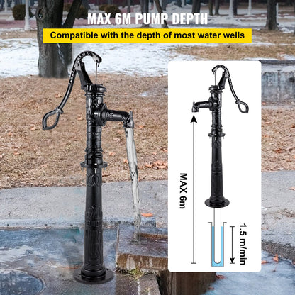 Hand Water Pump with Stand, 40 x 23.9 x 135 cm(15.7 x 9.4 x 53.1 inch) Pitcher Pump & 66 cm(26 inch) Pump Stand with Pre-set 12.7 mm(1/2") Holes for Easy Installation, Rustic Cast Iron Well Pump for Yard, Garden, Farm Irrigation,Black
