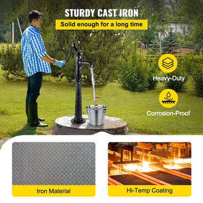 Hand Water Pump with Stand, 40 x 23.9 x 135 cm(15.7 x 9.4 x 53.1 inch) Pitcher Pump & 66 cm(26 inch) Pump Stand with Pre-set 12.7 mm(1/2") Holes for Easy Installation, Rustic Cast Iron Well Pump for Yard, Garden, Farm Irrigation,Black