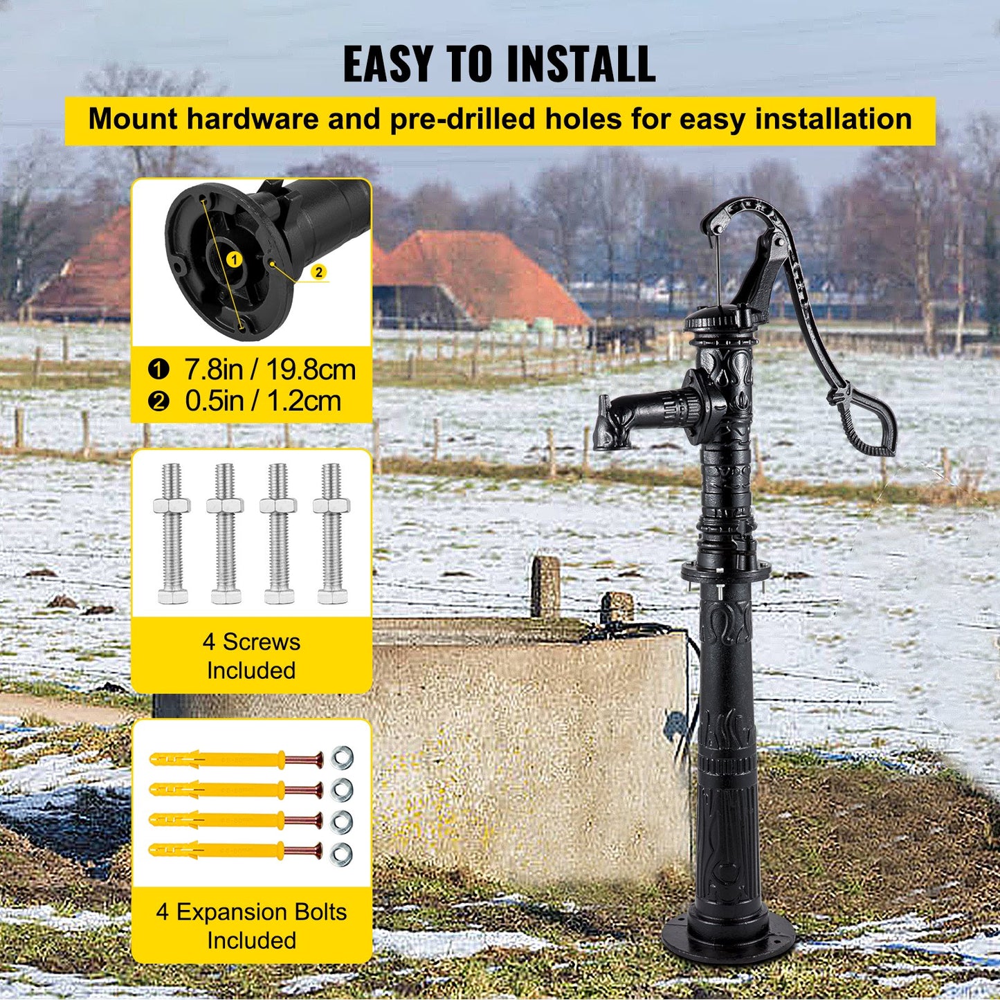Hand Water Pump with Stand, 40 x 23.9 x 135 cm(15.7 x 9.4 x 53.1 inch) Pitcher Pump & 66 cm(26 inch) Pump Stand with Pre-set 12.7 mm(1/2") Holes for Easy Installation, Rustic Cast Iron Well Pump for Yard, Garden, Farm Irrigation,Black