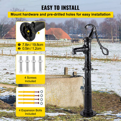 Hand Water Pump with Stand, 40 x 23.9 x 135 cm(15.7 x 9.4 x 53.1 inch) Pitcher Pump & 66 cm(26 inch) Pump Stand with Pre-set 12.7 mm(1/2") Holes for Easy Installation, Rustic Cast Iron Well Pump for Yard, Garden, Farm Irrigation,Black