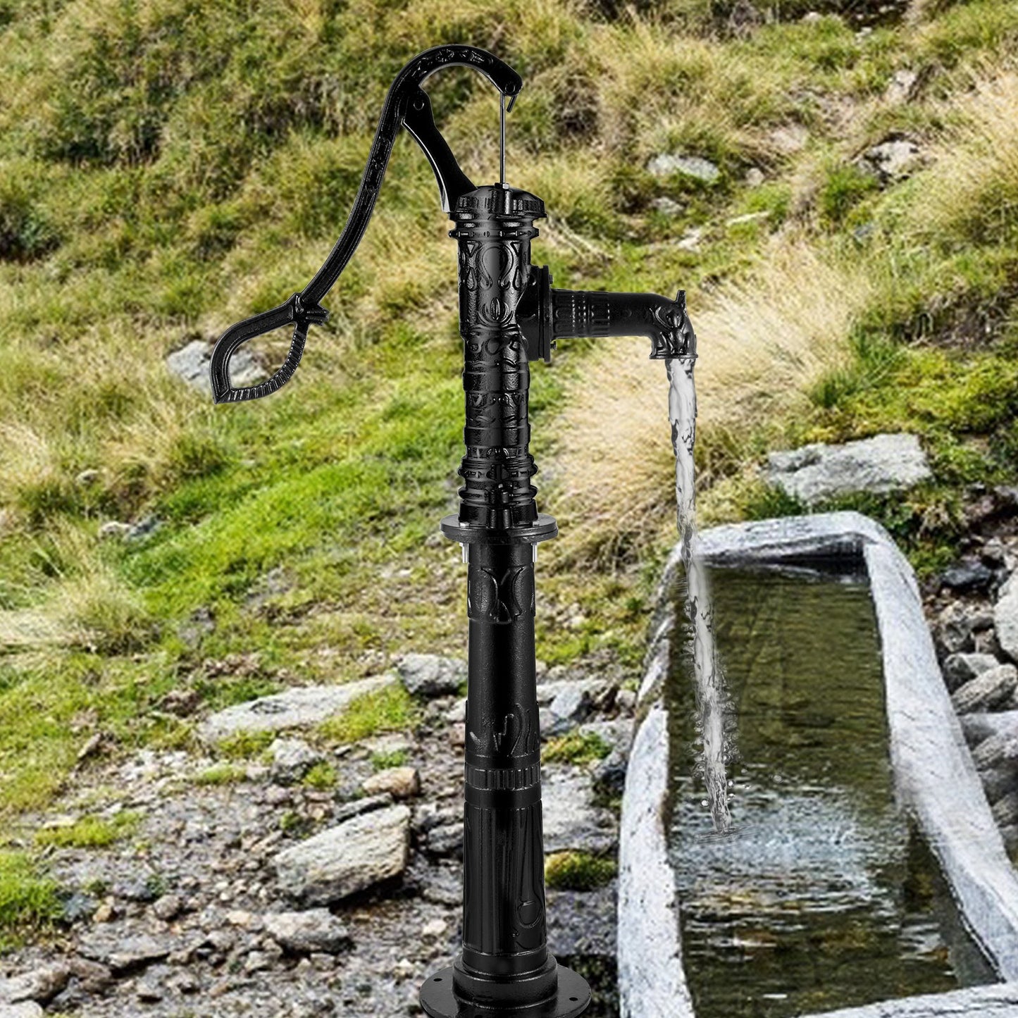 Hand Water Pump with Stand, 40 x 23.9 x 135 cm(15.7 x 9.4 x 53.1 inch) Pitcher Pump & 66 cm(26 inch) Pump Stand with Pre-set 12.7 mm(1/2") Holes for Easy Installation, Rustic Cast Iron Well Pump for Yard, Garden, Farm Irrigation,Black