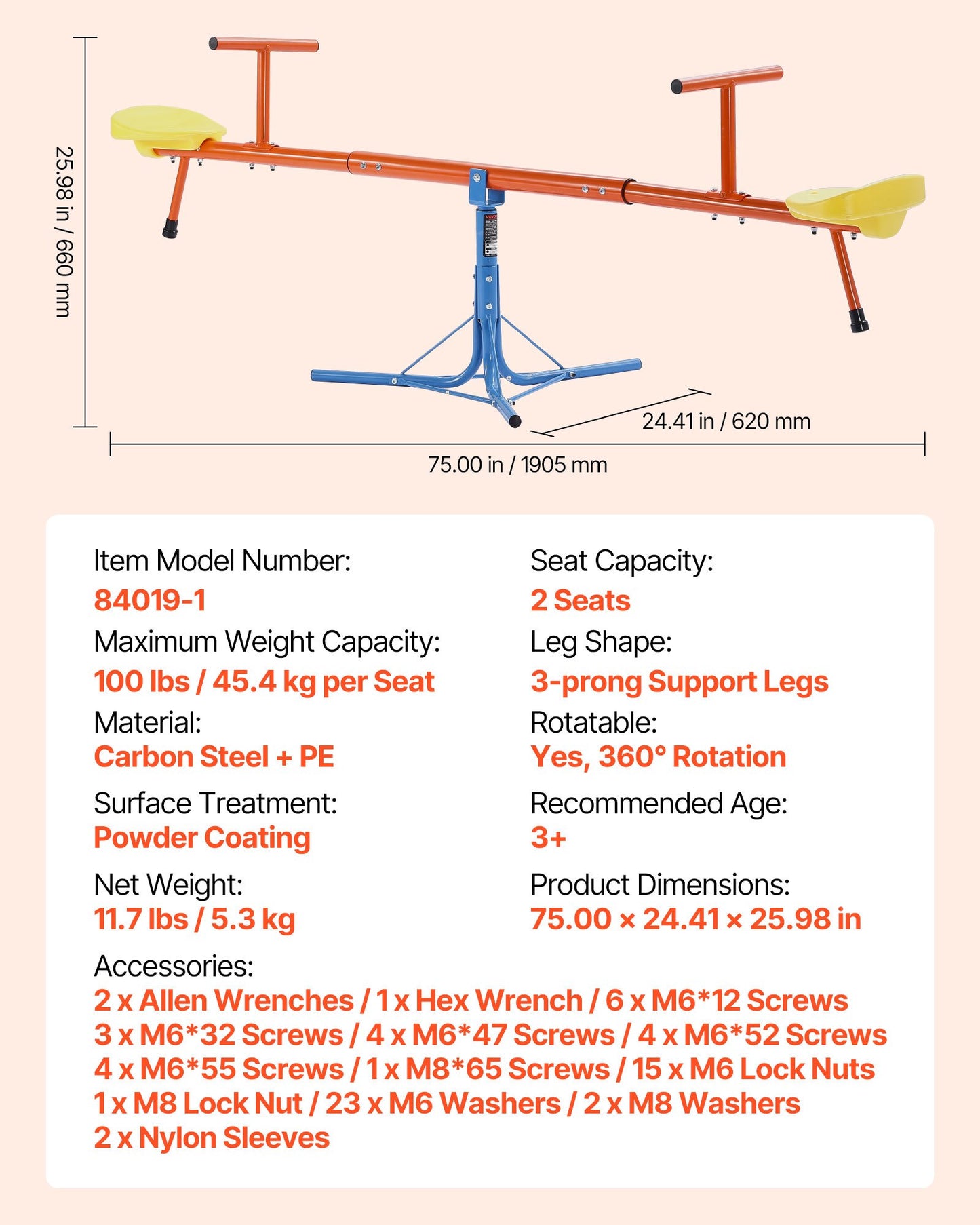 Barngungbräda, 45,4 kg lastkapacitet per sits, gungande gung med 3-stifts stödben, lekplatsutrustning för barn, vridbar 360 grader roterande för barn från 3 år