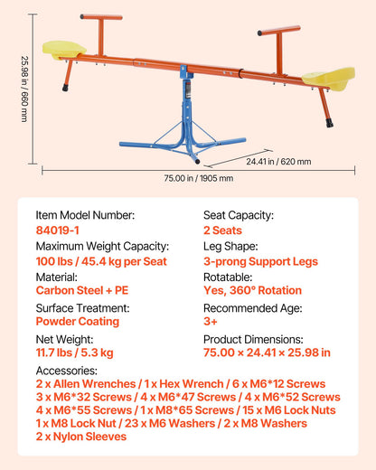 Barngungbräda, 45,4 kg lastkapacitet per sits, gungande gung med 3-stifts stödben, lekplatsutrustning för barn, vridbar 360 grader roterande för barn från 3 år