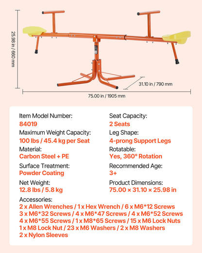 Kids Seesaw, 45.4 kg Load Capacity per Seat, Sit and Spin Teeter Totter with 4-prong Support Legs, Kids Outdoor Playground Equipment, Swiveling 360 Degrees Rotating for Children Aged 3+