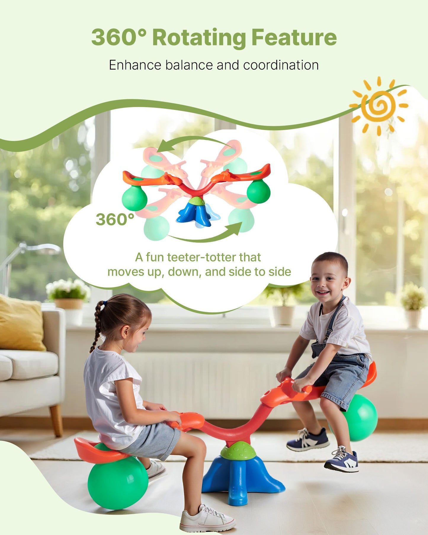 Kids Seesaw, 24.95 kg Load Capacity per Seat, Sit and Spin Teeter Totter with Handles, Kids Outdoor Playground Equipment, Swiveling 360 Degrees Rotating for Children Aged 3+, Multi Colored