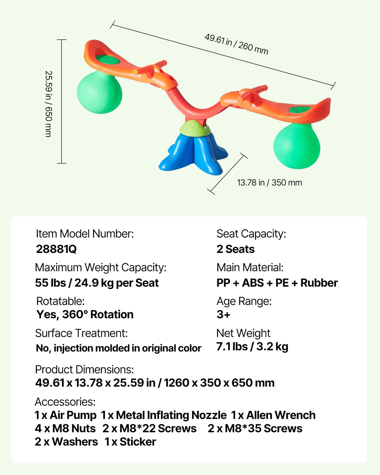 Kids Seesaw, 24.95 kg Load Capacity per Seat, Sit and Spin Teeter Totter with Handles, Kids Outdoor Playground Equipment, Swiveling 360 Degrees Rotating for Children Aged 3+, Multi Colored
