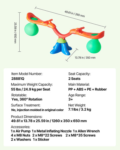 Kids Seesaw, 24.95 kg Load Capacity per Seat, Sit and Spin Teeter Totter with Handles, Kids Outdoor Playground Equipment, Swiveling 360 Degrees Rotating for Children Aged 3+, Multi Colored