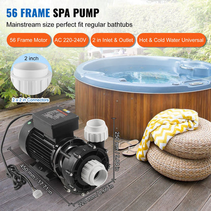 2 Speed SPA Pump, 56-Frame, Dual-Speed Hot Tub SPA Pump, 1600W / 39 m³/h / 15 m High Speed or 400W / 19 m³/h / 3.9 m Low Speed, 2" Port 90° Rotational Interface for Hot Tub, TÜV Certification