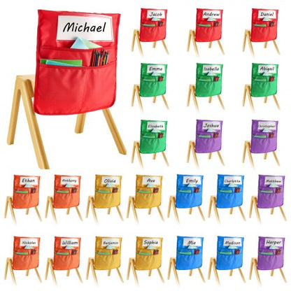 Chair Pockets for Classroom, 24 Pack, 14 x 15 Inches Chairback Buddy Pocket with Name Tag, 6 Bright Colors, Back of Chair Organizer for Kids in Classroom, Kindergarten, School, and Home