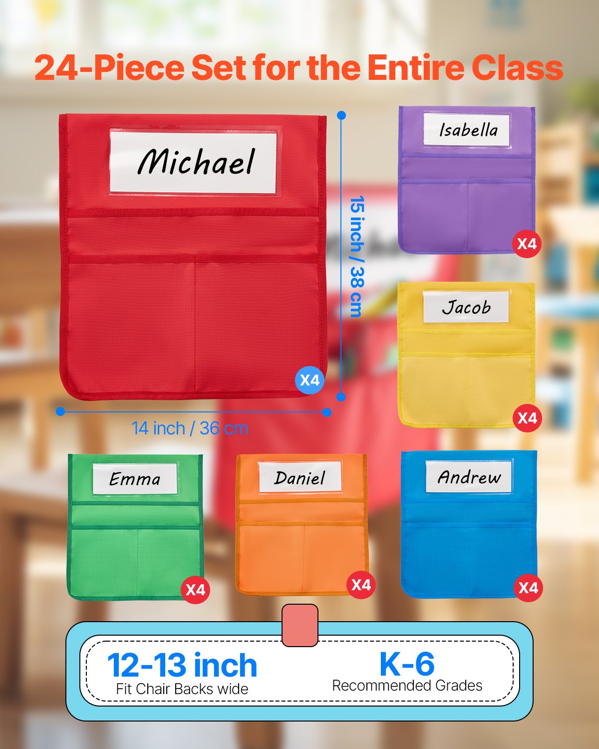 Chair Pockets for Classroom, 24 Pack, 14 x 15 Inches Chairback Buddy Pocket with Name Tag, 6 Bright Colors, Back of Chair Organizer for Kids in Classroom, Kindergarten, School, and Home