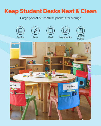Chair Pockets for Classroom, 24 Pack, 14 x 15 Inches Chairback Buddy Pocket with Name Tag, 6 Bright Colors, Back of Chair Organizer for Kids in Classroom, Kindergarten, School, and Home