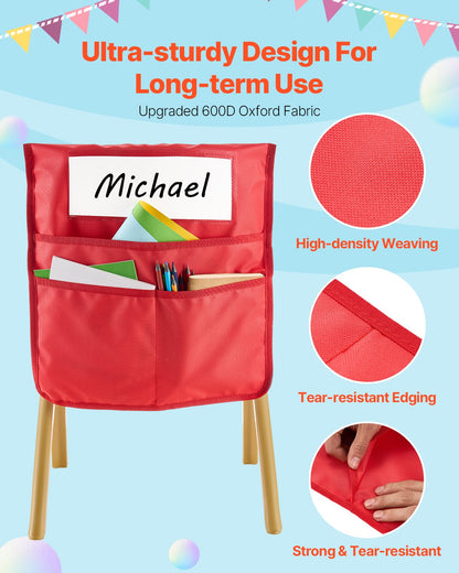 Chair Pockets for Classroom, 24 Pack, 14 x 15 Inches Chairback Buddy Pocket with Name Tag, 6 Bright Colors, Back of Chair Organizer for Kids in Classroom, Kindergarten, School, and Home