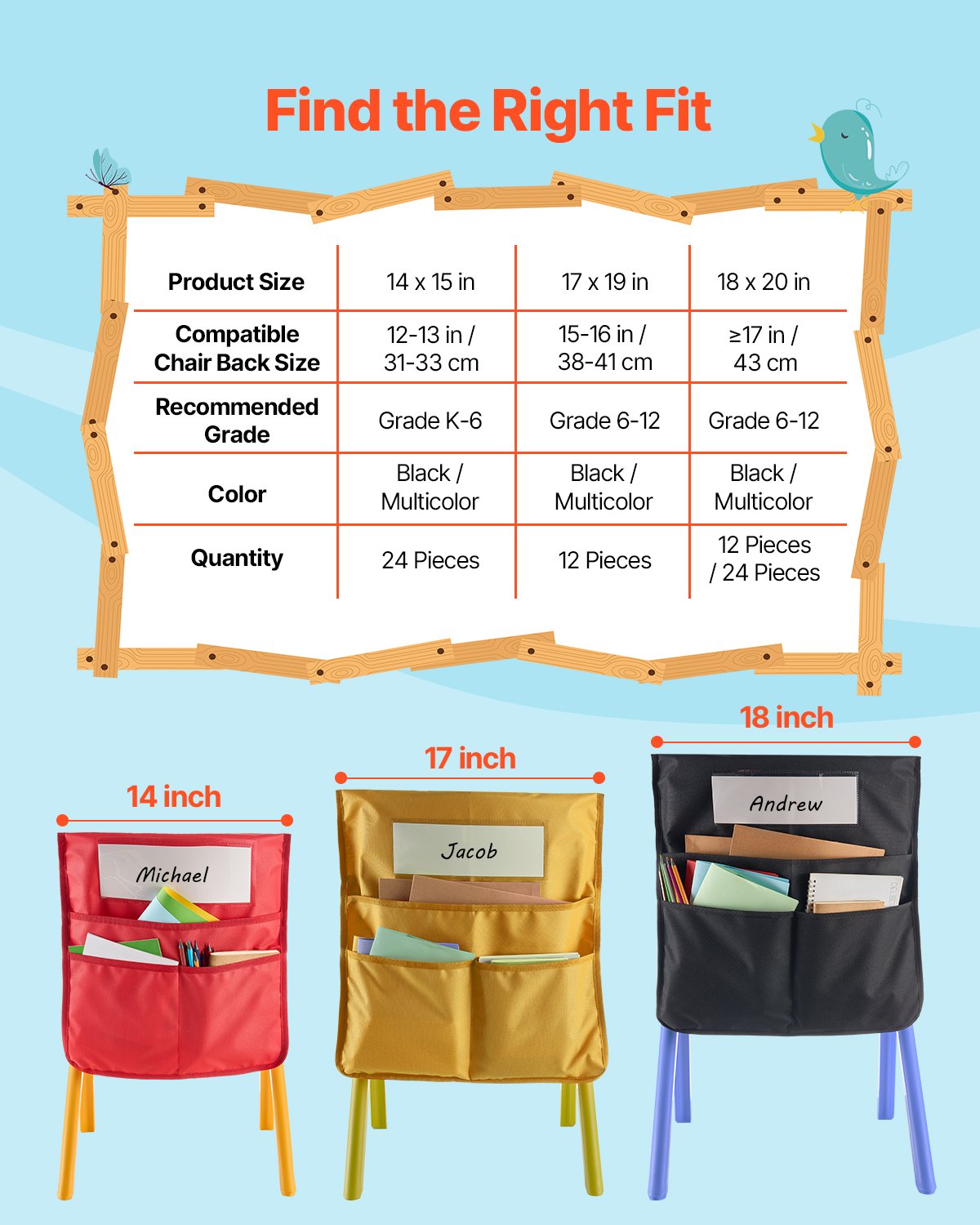 Chair Pockets for Classroom, 24 Pack, 14 x 15 Inches Chairback Buddy Pocket with Name Tag, 6 Bright Colors, Back of Chair Organizer for Kids in Classroom, Kindergarten, School, and Home