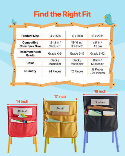 Chair Pockets for Classroom, 24 Pack, 14 x 15 Inches Chairback Buddy Pocket with Name Tag, 6 Bright Colors, Back of Chair Organizer for Kids in Classroom, Kindergarten, School, and Home