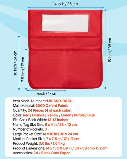 Chair Pockets for Classroom, 24 Pack, 14 x 15 Inches Chairback Buddy Pocket with Name Tag, 6 Bright Colors, Back of Chair Organizer for Kids in Classroom, Kindergarten, School, and Home