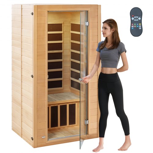 Far Infrared Wooden Sauna, Room Home Sauna Spa for 1 to 2 Person, Low EMF Far Infrared Hemlock Wood Sauna with Tempered Glass Door & Multicolor Lamp & Bluetooth Speakers & Chromotherapy Lights,