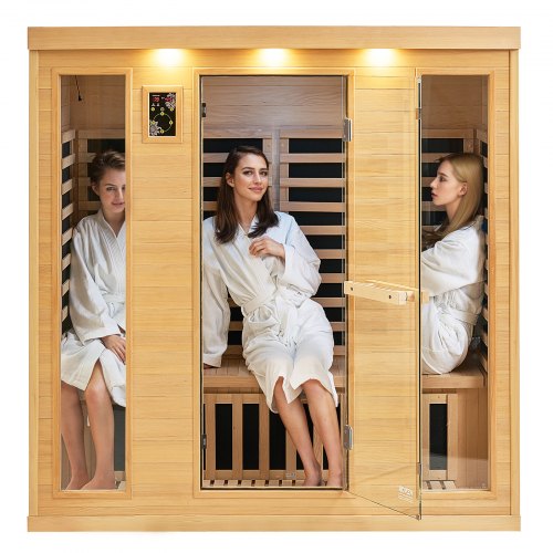 Far Infrared Wooden Sauna, Room Home Sauna Spa for 3 to 4 Person, Low EMF Far Infrared Hemlock Wood Sauna with Tempered Glass Door & Bluetooth Speakers & Chromotherapy Lights, 2580W Indoor