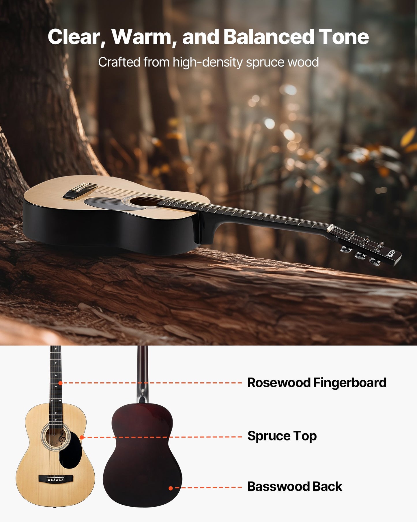 36 in / 914,4 mm Dreadnought Acoustic Guitar Natural Beginner Bundle Gig Bag for Teen