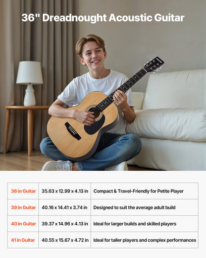 36 in / 914,4 mm Dreadnought Acoustic Guitar Natural Beginner Bundle Gig Bag for Teen