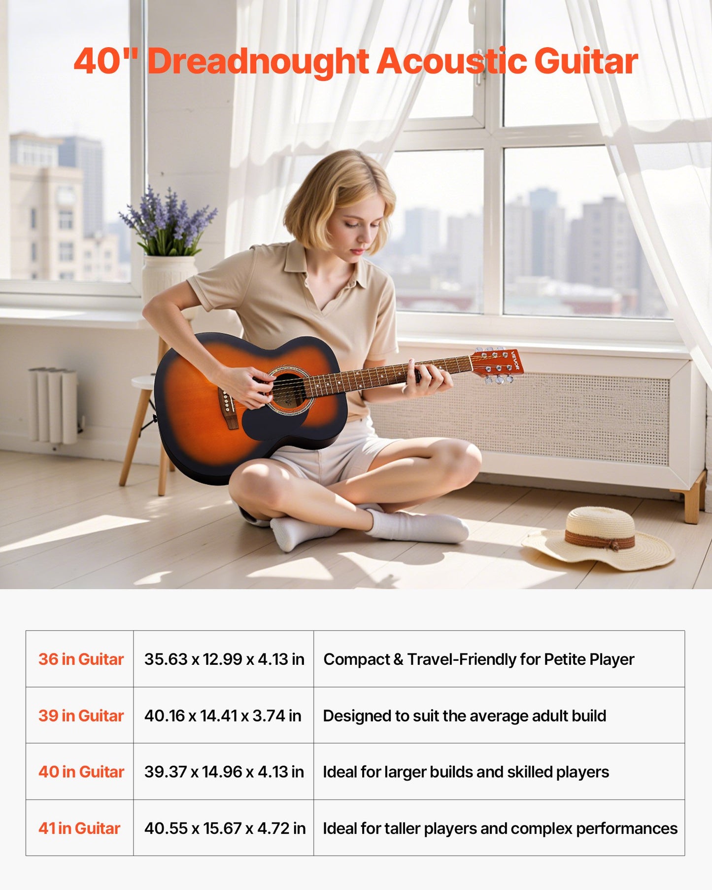 40 in / 1016 mm Dreadnought Acoustic Guitar Beginner Bundle Gig Bag Adult Sunburst