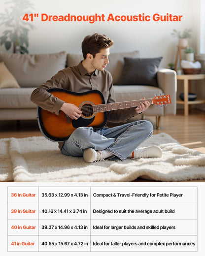 41 in / 1041.4 mm Dreadnought Acoustic Guitar Beginner Bundle Gig Bag Adult Sunburst