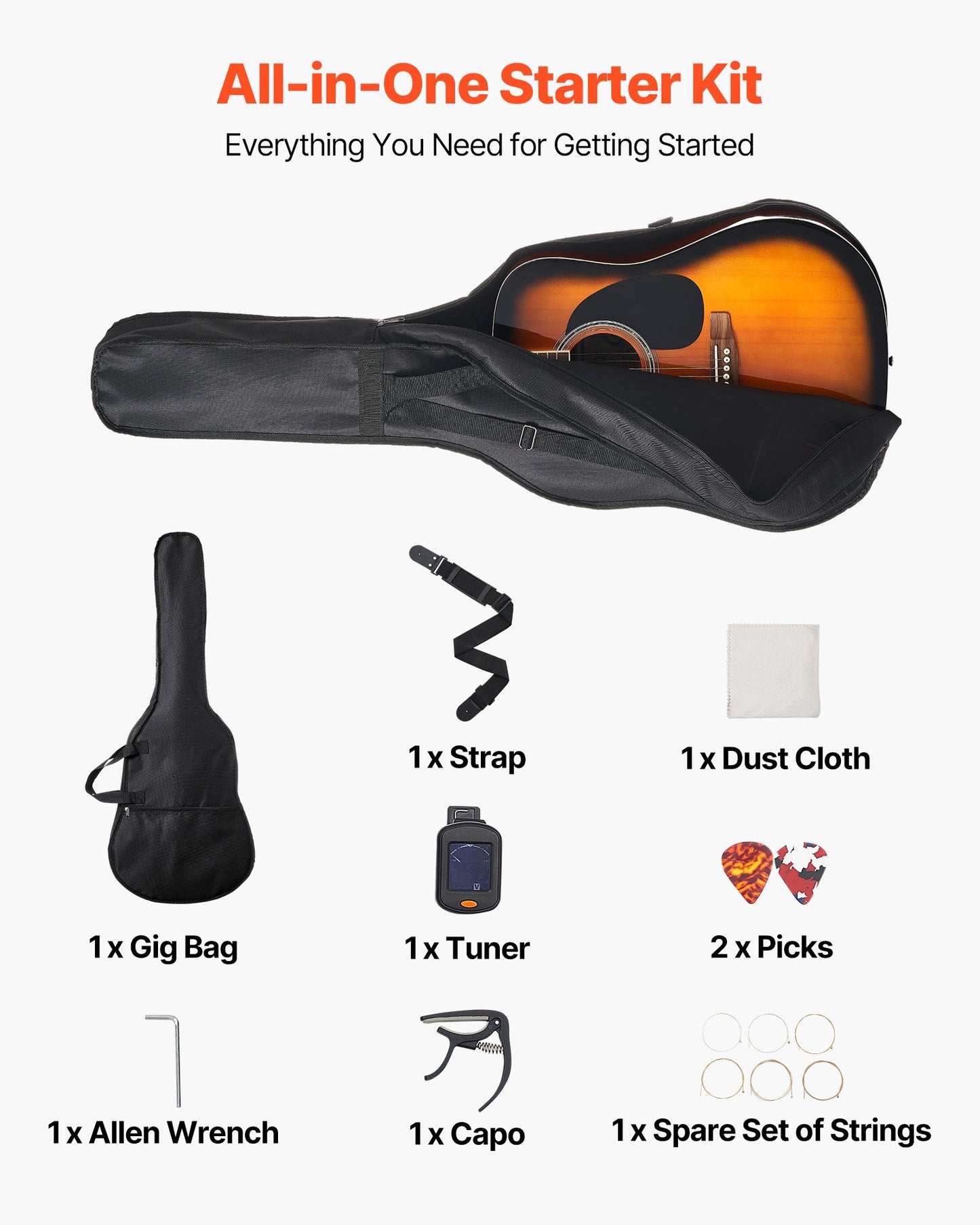 41 in / 1041.4 mm Dreadnought Acoustic Guitar Beginner Bundle Gig Bag Adult Sunburst