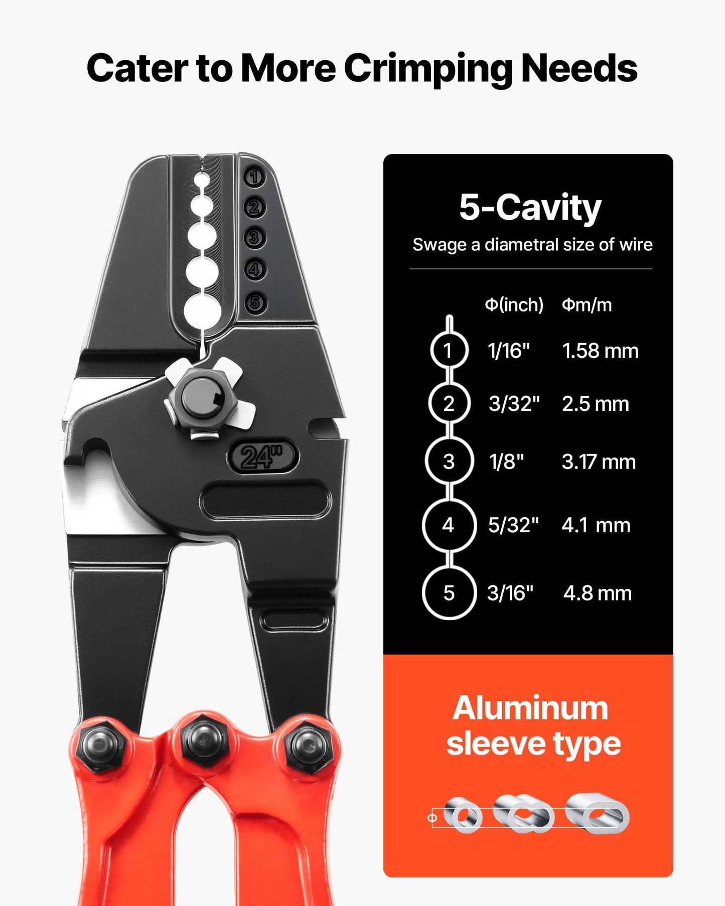 24 Inch Hand Swager Crimper 5 Cavity 1/16 to 3/16inch Swaging Tool for Copper Aluminum Oval Sleeves and Stop Sleeves Wire Rope Crimping Tool Propress Swage Tool Long Handle Labor Save