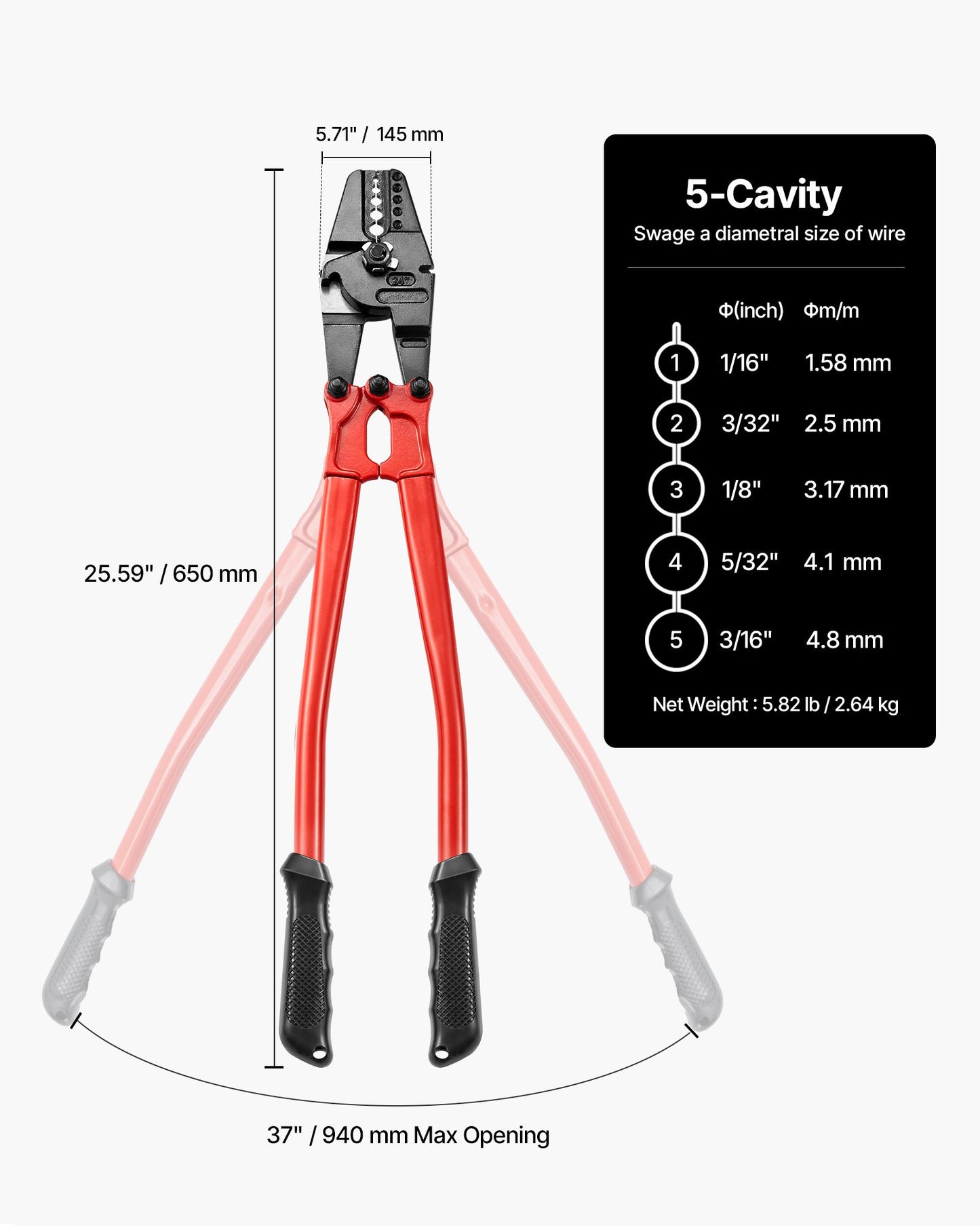 24 Inch Hand Swager Crimper 5 Cavity 1/16 to 3/16inch Swaging Tool for Copper Aluminum Oval Sleeves and Stop Sleeves Wire Rope Crimping Tool Propress Swage Tool Long Handle Labor Save