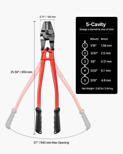 24 Inch Hand Swager Crimper 5 Cavity 1/16 to 3/16inch Swaging Tool for Copper Aluminum Oval Sleeves and Stop Sleeves Wire Rope Crimping Tool Propress Swage Tool Long Handle Labor Save