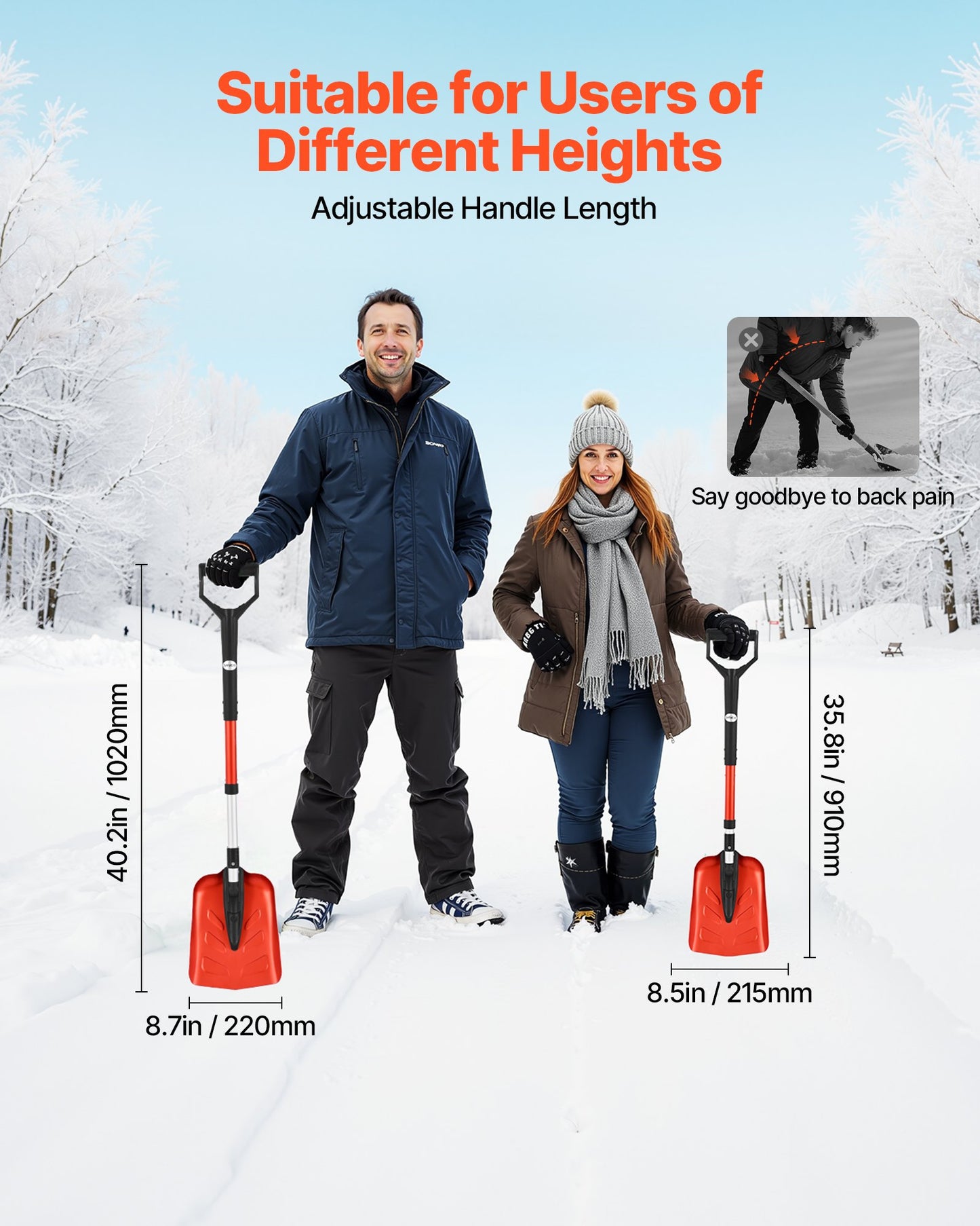 Snow Shovel for Driveway, 22cm Foldable Snow Shovel with D-shaped Handle, , 36-40 in Adjustable, Lightweight Aluminum Alloy Snows Removal Tool, Reduce Back Strains for Garden Car Camping