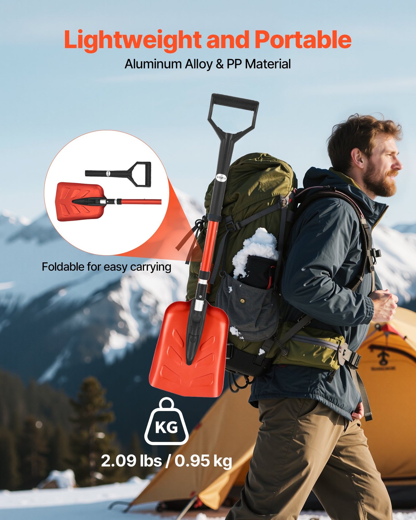 Snow Shovel for Driveway, 22cm Foldable Snow Shovel with D-shaped Handle, , 36-40 in Adjustable, Lightweight Aluminum Alloy Snows Removal Tool, Reduce Back Strains for Garden Car Camping