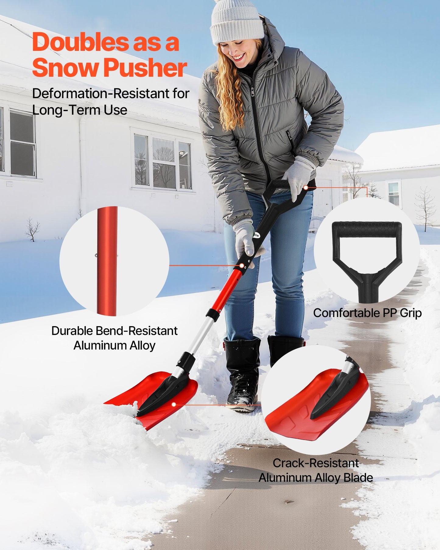 Snow Shovel for Driveway, 22cm Foldable Snow Shovel with D-shaped Handle, , 36-40 in Adjustable, Lightweight Aluminum Alloy Snows Removal Tool, Reduce Back Strains for Garden Car Camping