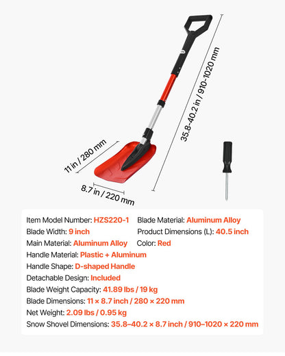Snow Shovel for Driveway, 22cm Foldable Snow Shovel with D-shaped Handle, , 36-40 in Adjustable, Lightweight Aluminum Alloy Snows Removal Tool, Reduce Back Strains for Garden Car Camping
